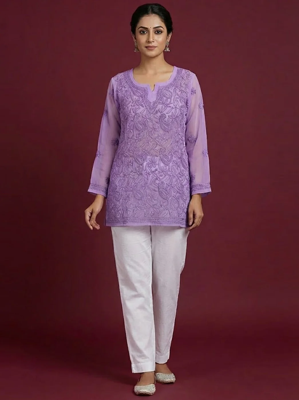 Lavender Georgette Chikankari Straight Kurti