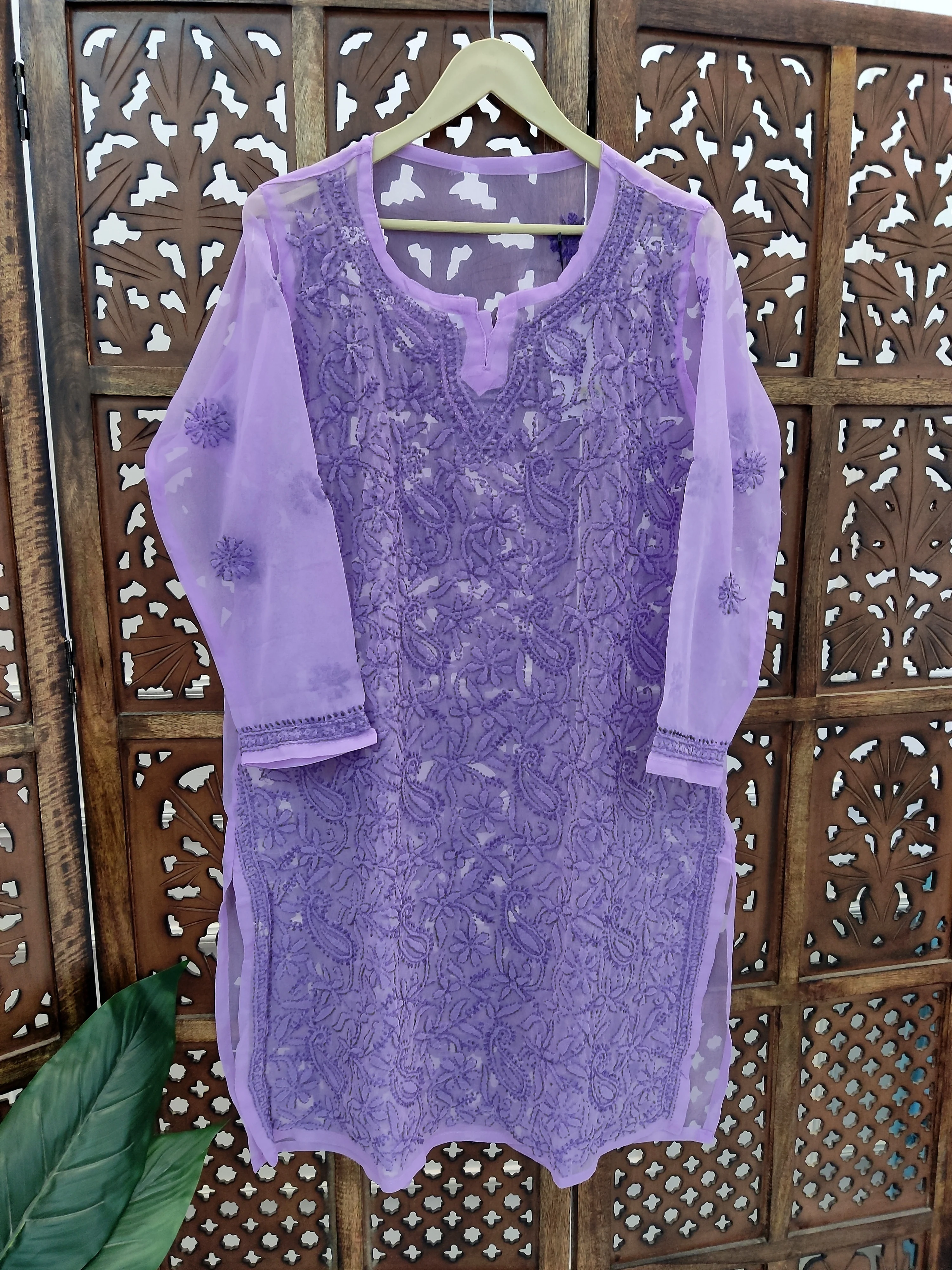 Lavender Georgette Chikankari Straight Kurti - Image 2