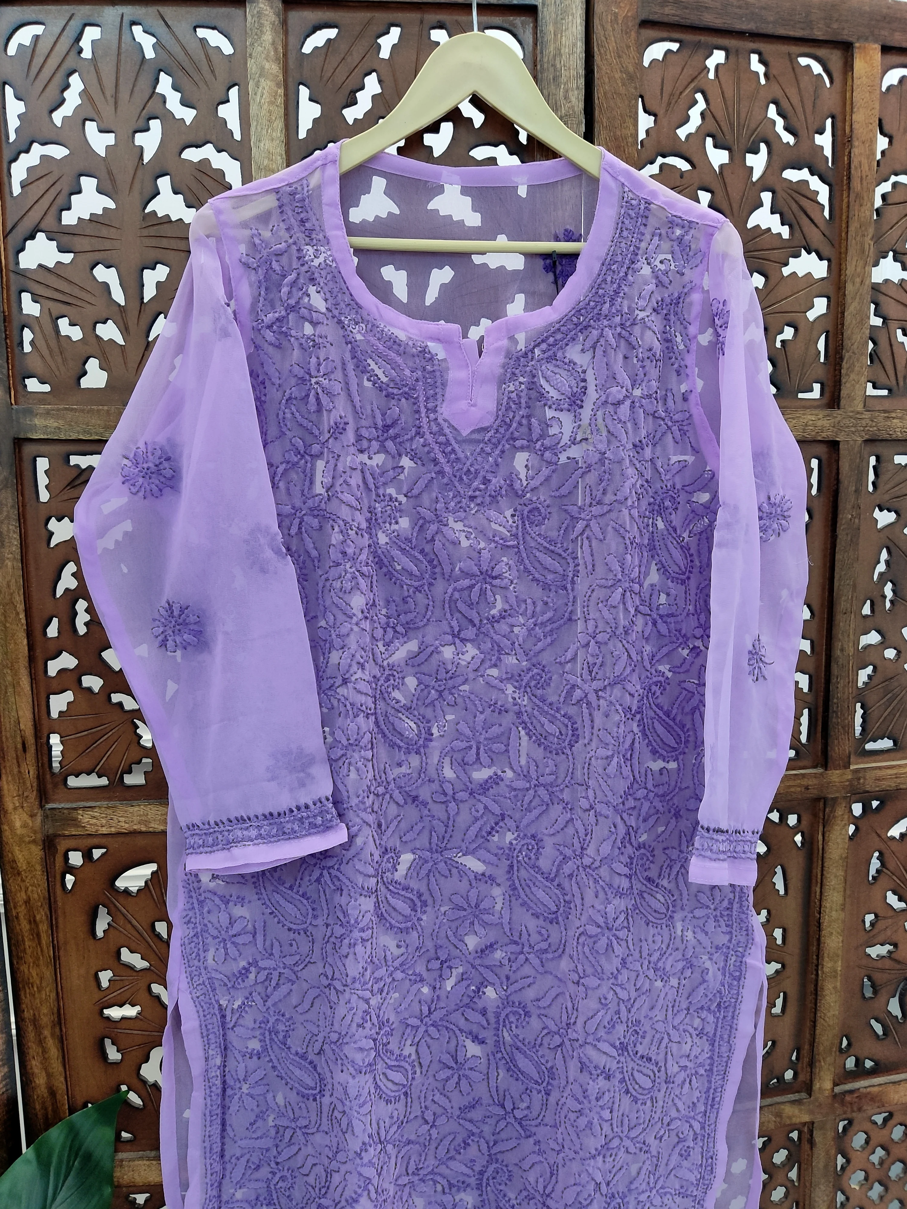 Lavender Georgette Chikankari Straight Kurti - Image 3