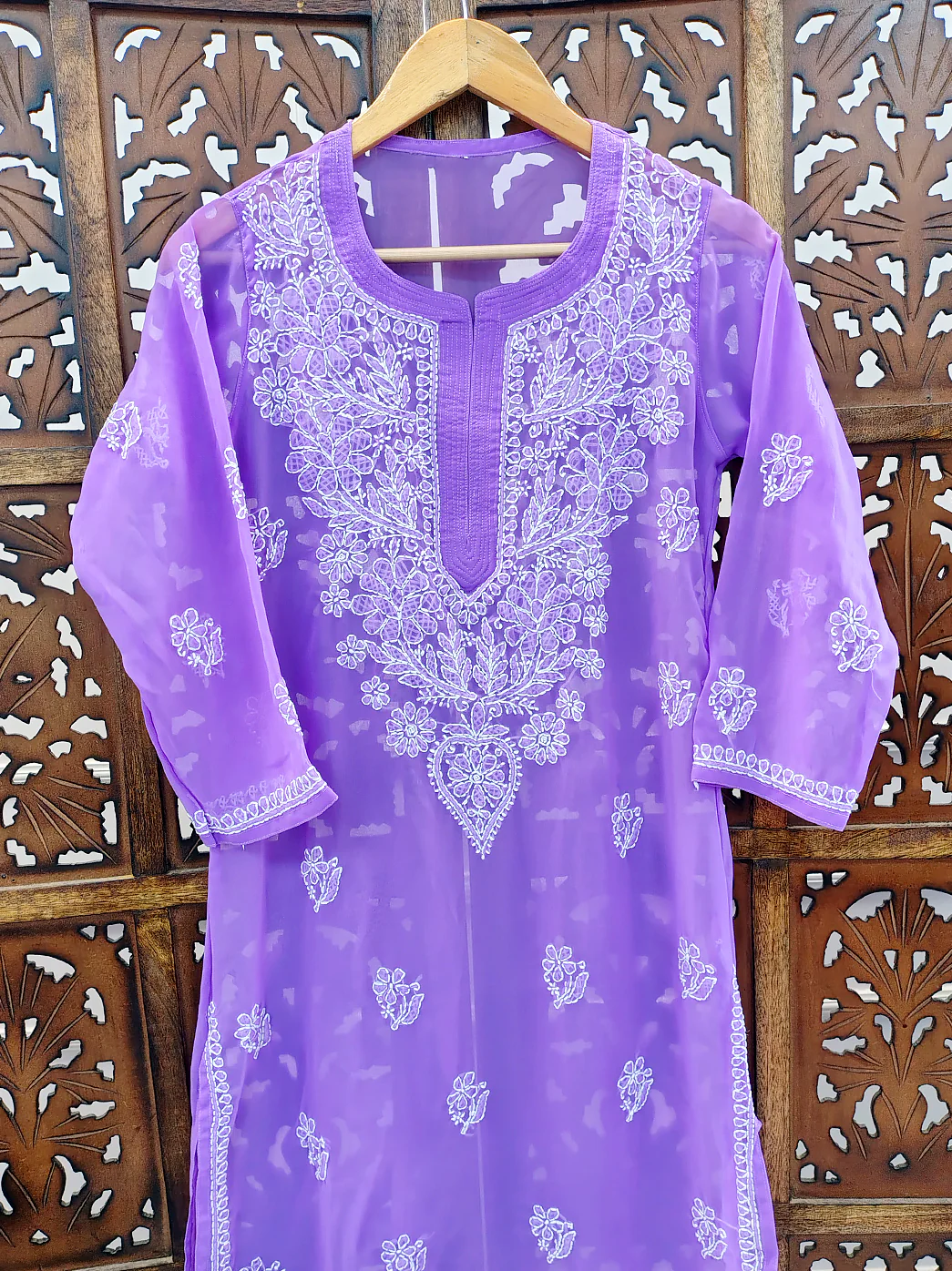 Lavender Georgette Chikankari Straight Kurti - Image 3
