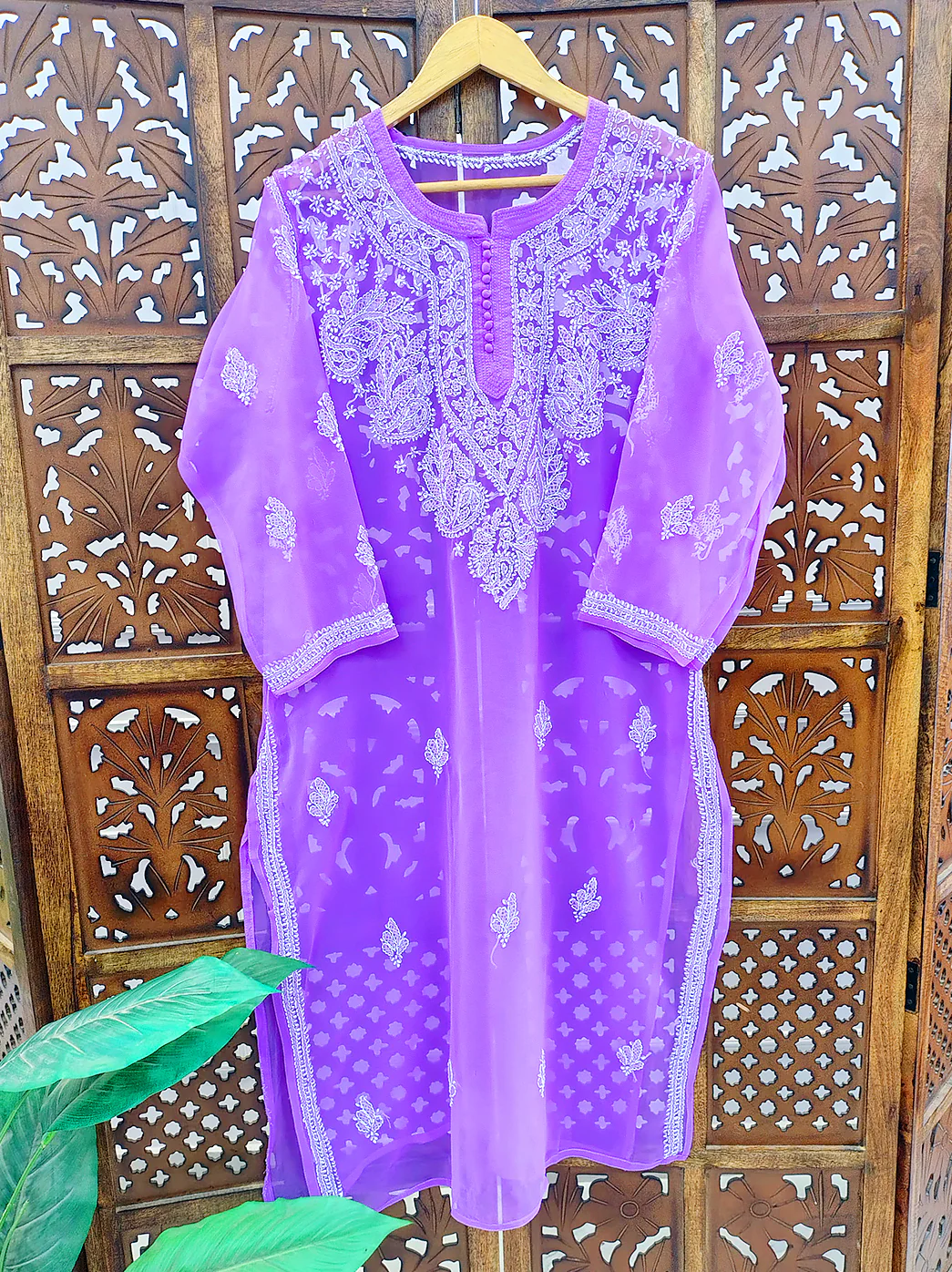 Lavender Georgette Chikankari Straight Kurti - Image 2