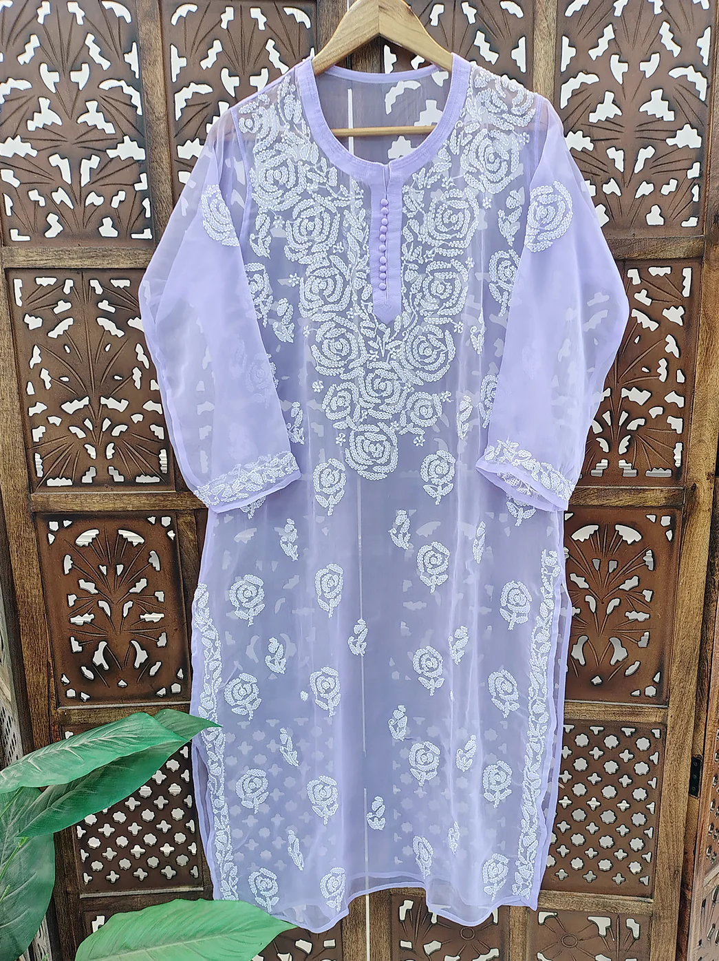 Lavender Georgette Chikankari Straight Kurti - Image 2