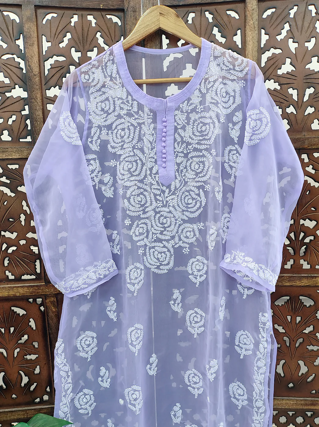 Lavender Georgette Chikankari Straight Kurti - Image 3