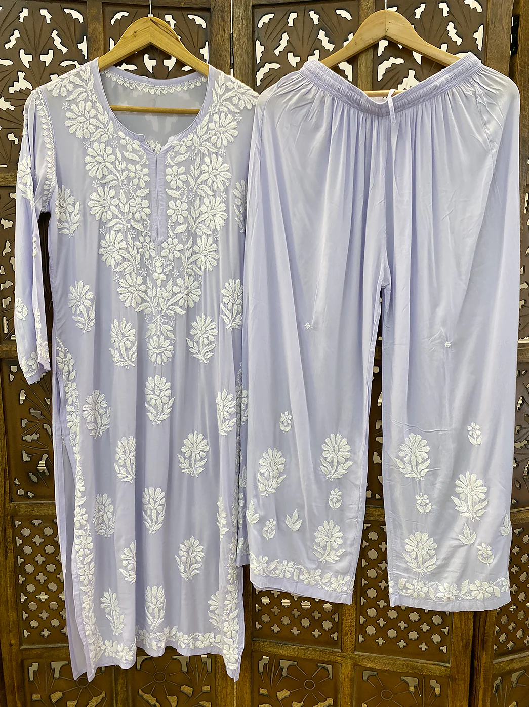 Lavender Modal Chikankari Kurti Palazzo Set - Image 2