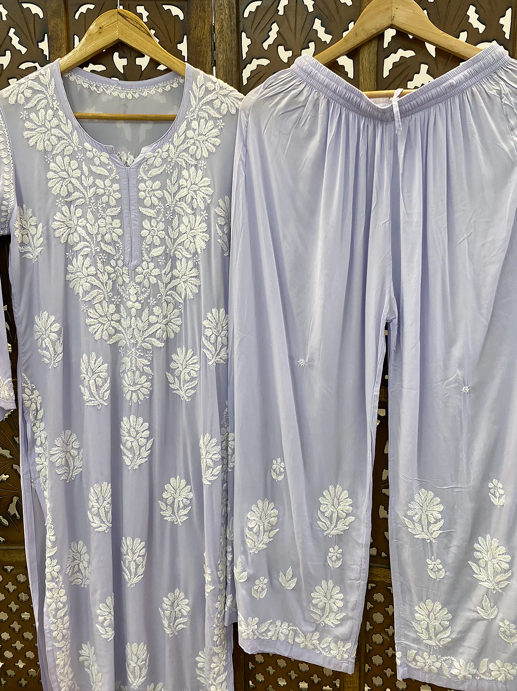 Lavender Modal Chikankari Kurti Palazzo Set - Image 3