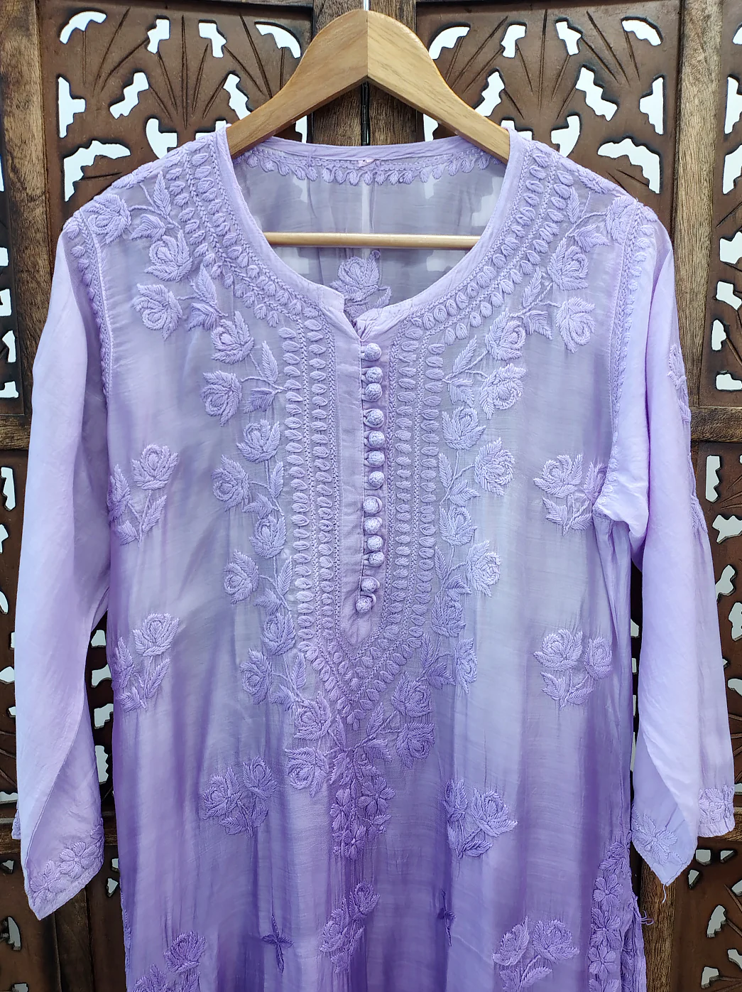 Lavender Muslin Chikankari Straight Kurti - Image 3