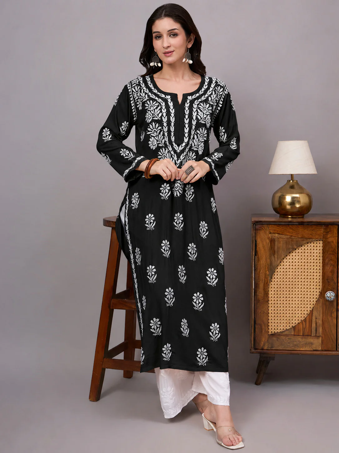 Liba Rayon Chikankari Straight Kurta - Black - Image 4