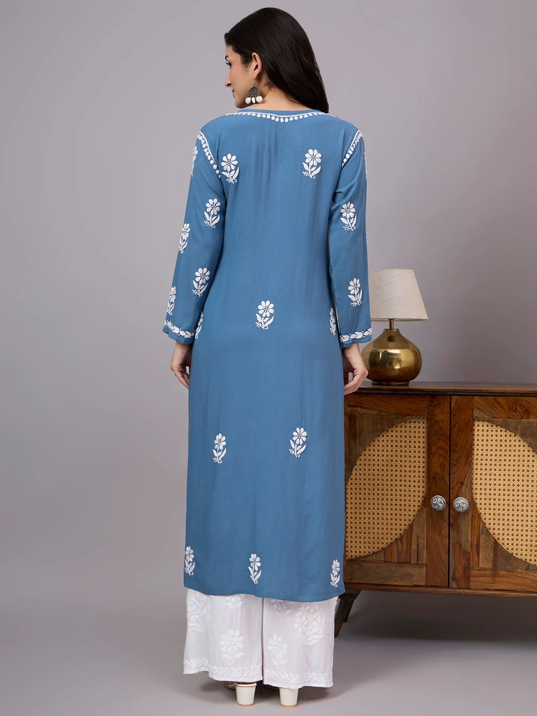 Liba Rayon Chikankari Straight Kurta - Blue - Image 3