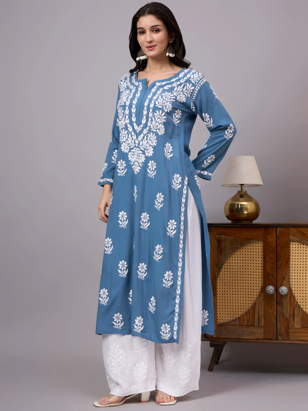 Liba Rayon Chikankari Straight Kurta - Blue - Image 4