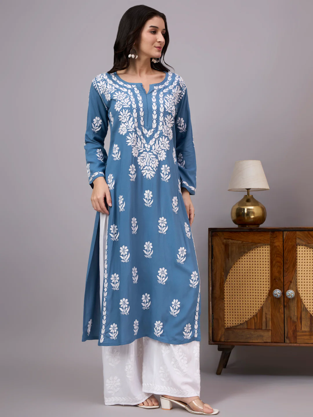 Liba Rayon Chikankari Straight Kurta - Blue - Image 5