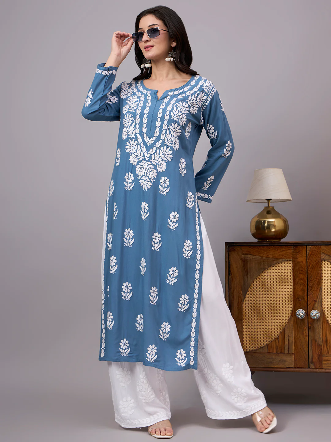Liba Rayon Chikankari Straight Kurta - Blue - Image 6