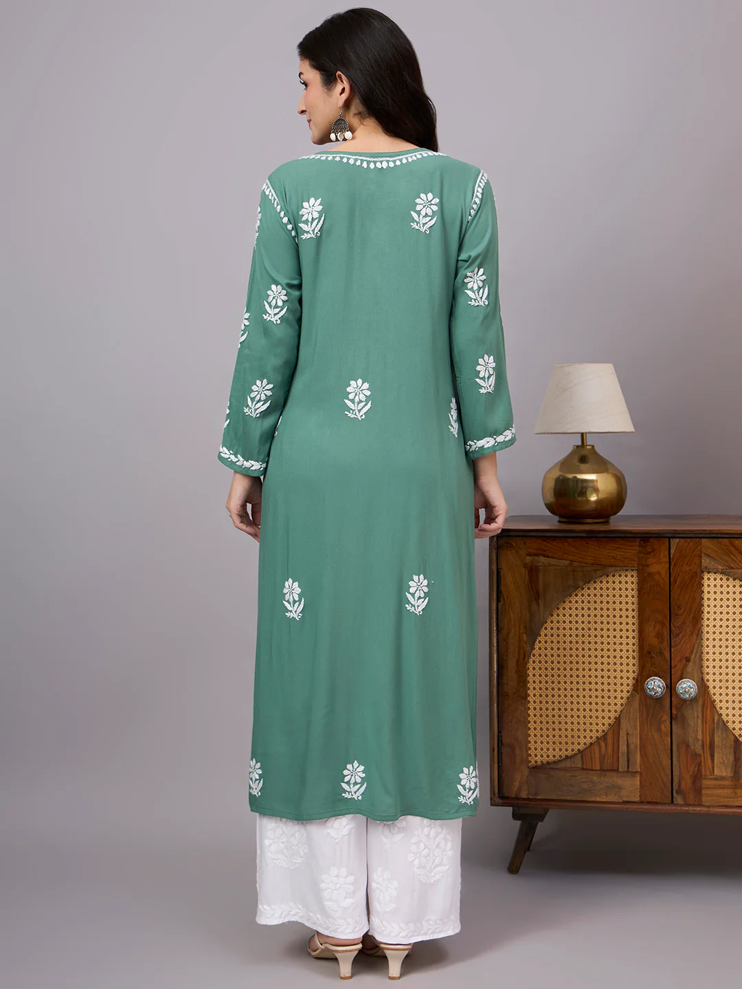 Liba Rayon Chikankari Straight Kurta - Green - Image 3
