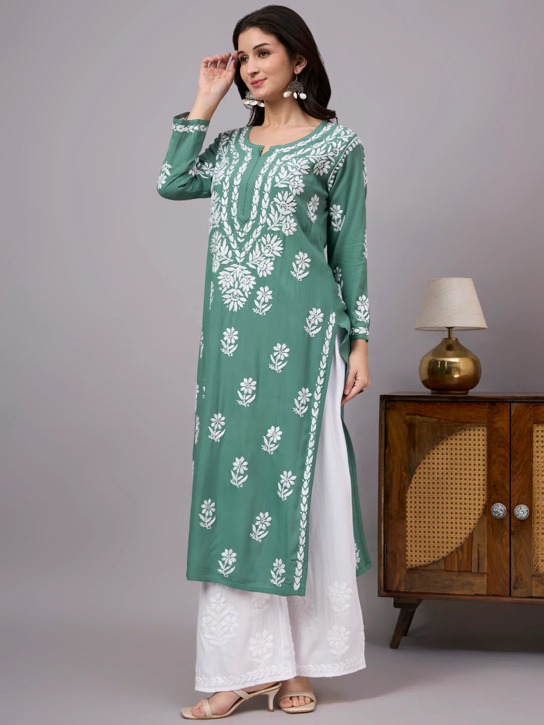 Liba Rayon Chikankari Straight Kurta - Green - Image 4