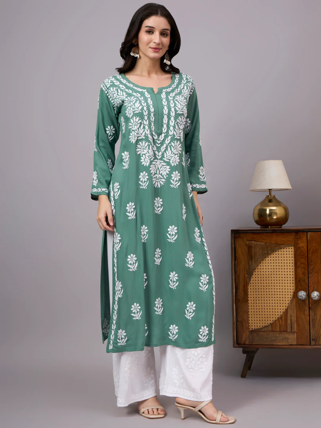 Liba Rayon Chikankari Straight Kurta - Green - Image 5