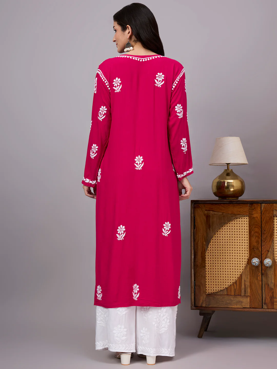 Liba Rayon Chikankari Straight Kurta - Hot Pink - Image 3