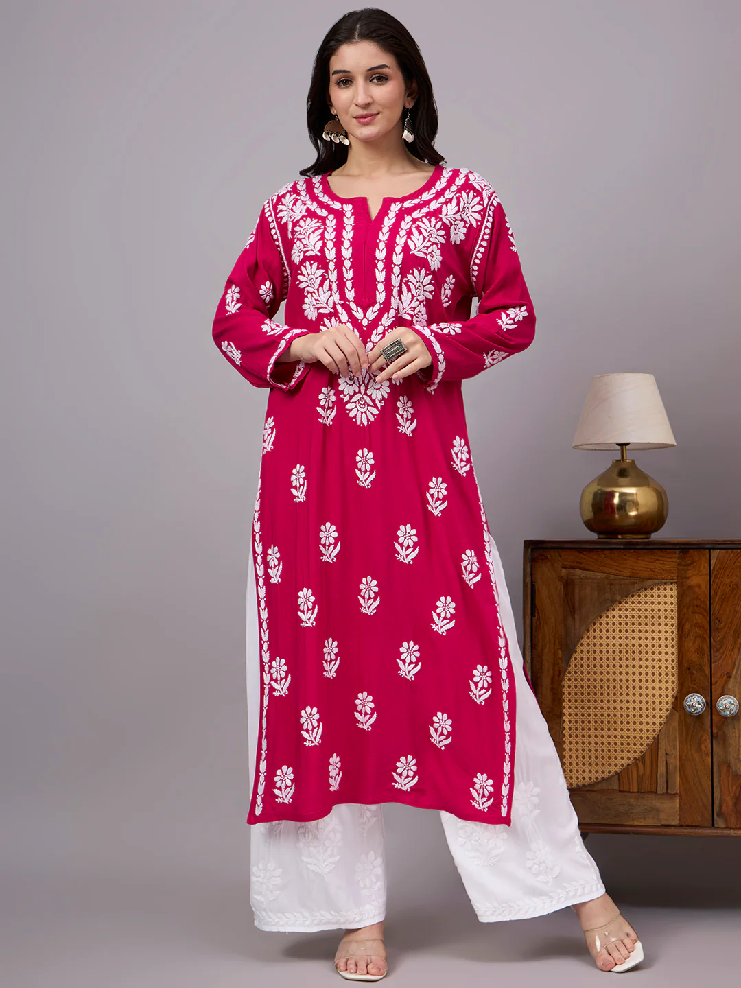 Liba Rayon Chikankari Straight Kurta - Hot Pink - Image 4