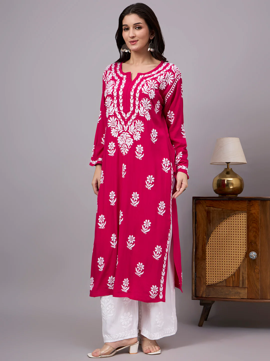 Liba Rayon Chikankari Straight Kurta - Hot Pink - Image 5