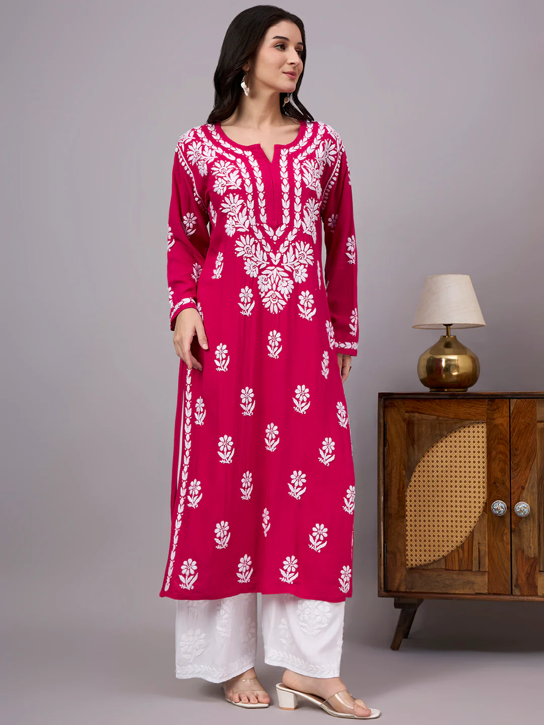 Liba Rayon Chikankari Straight Kurta - Hot Pink - Image 6