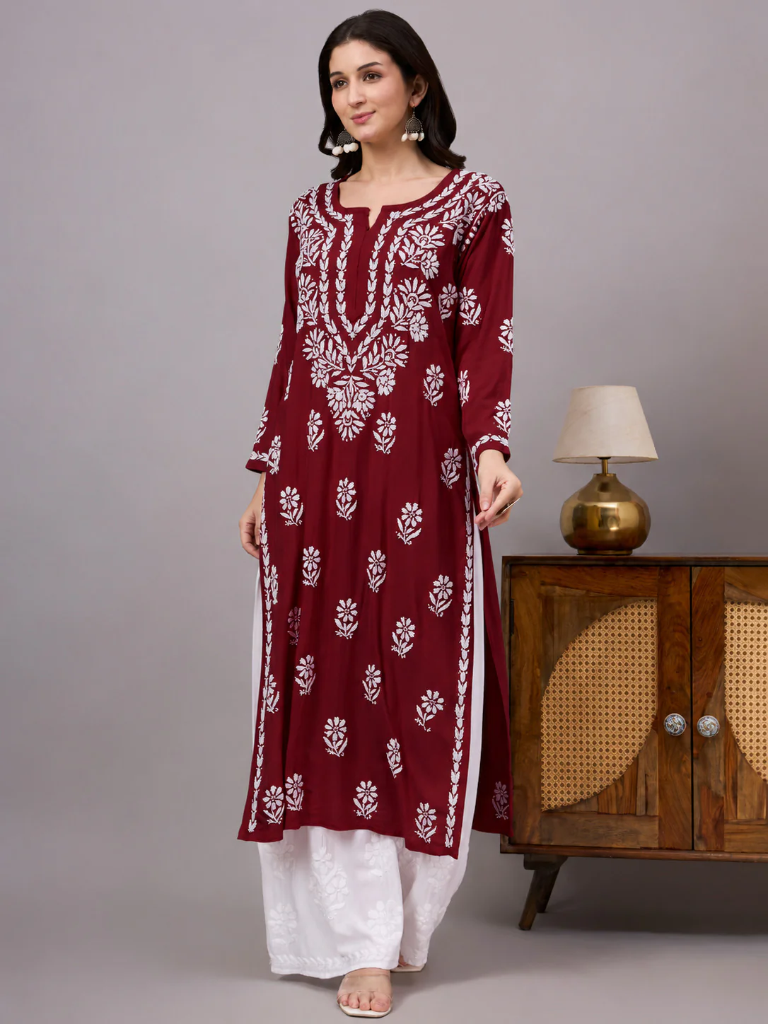Liba Rayon Chikankari Straight Kurta - Maroon