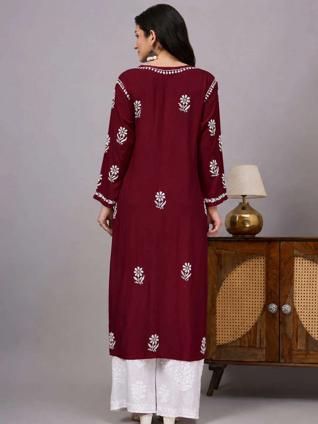 Liba Rayon Chikankari Straight Kurta - Maroon - Image 3