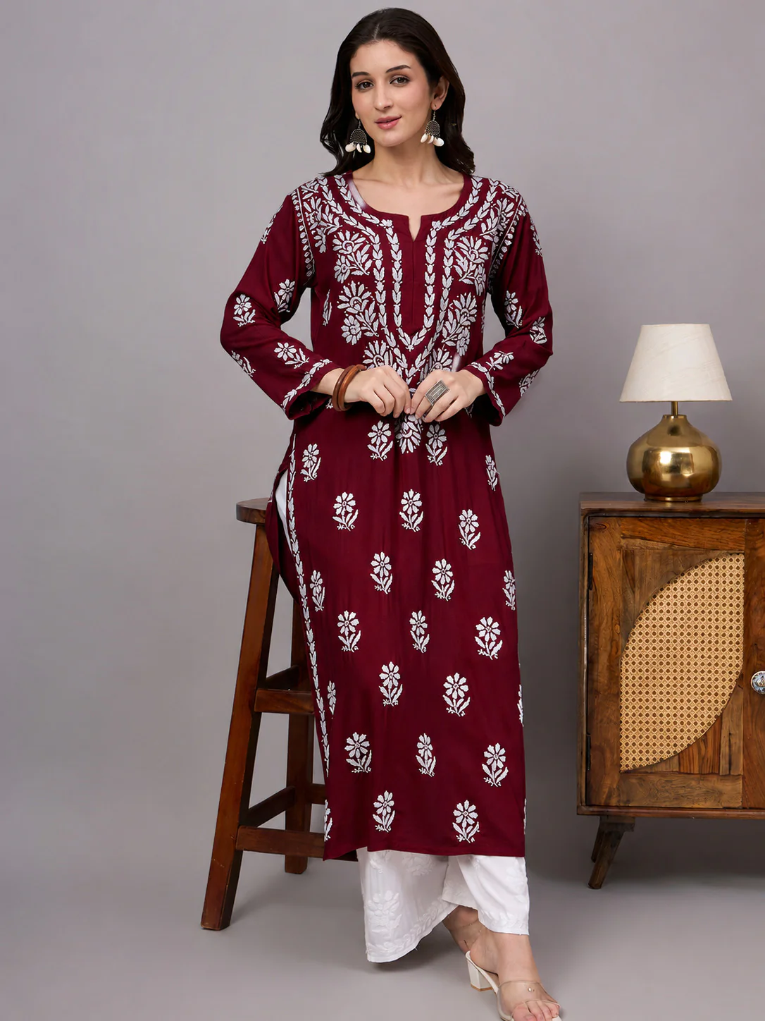 Liba Rayon Chikankari Straight Kurta - Maroon - Image 4
