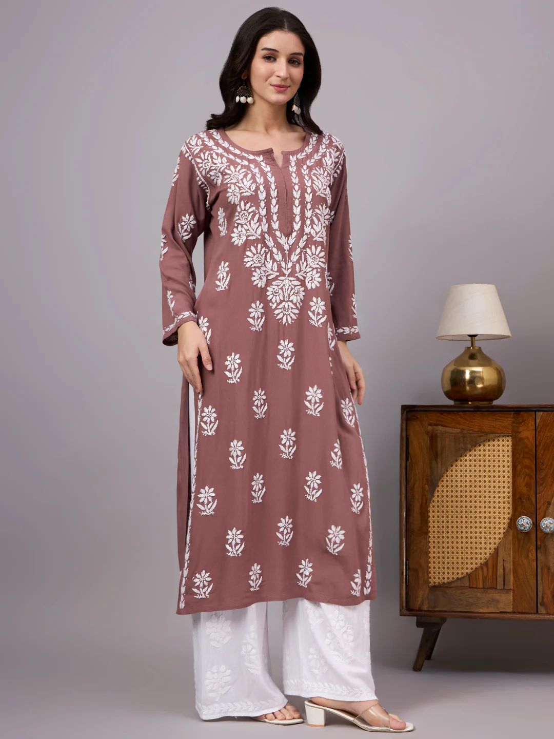 Liba Rayon Chikankari Straight Kurta - Mauve - Image 5