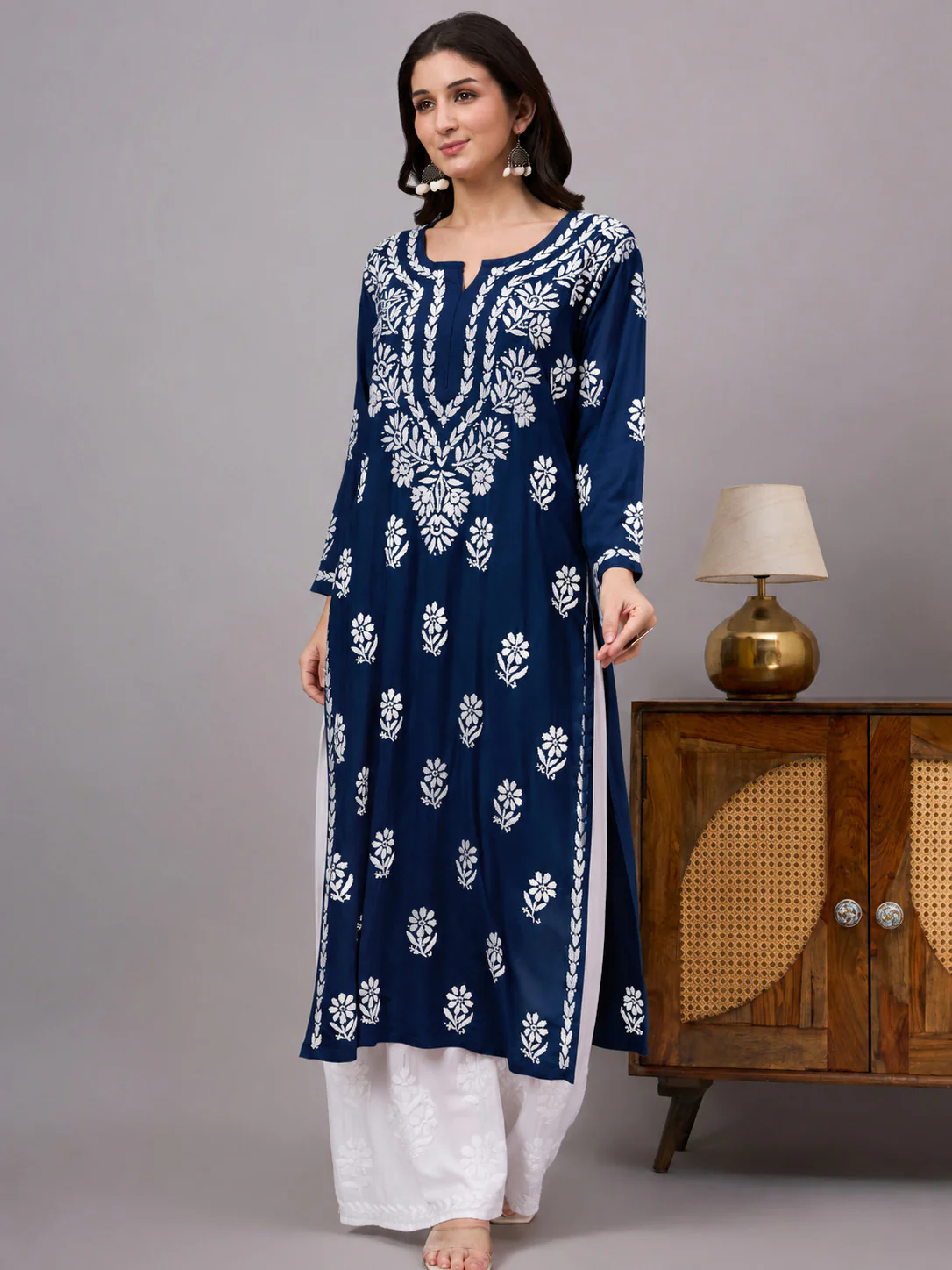 Liba Rayon Chikankari Straight Kurta - Navy Blue