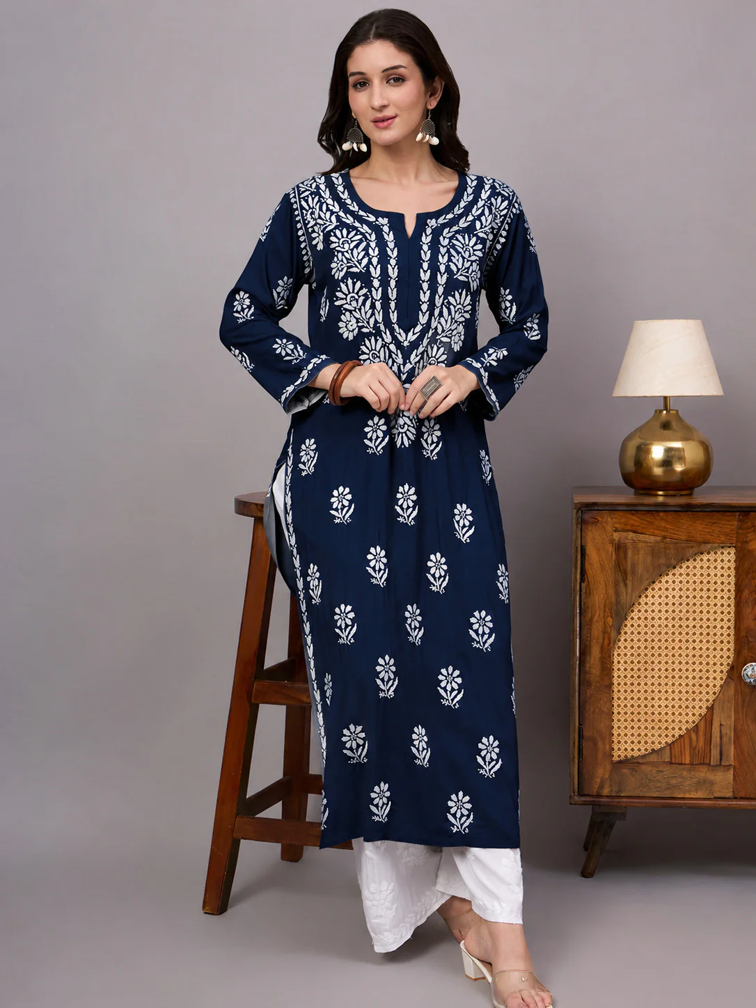 Liba Rayon Chikankari Straight Kurta - Navy Blue - Image 4