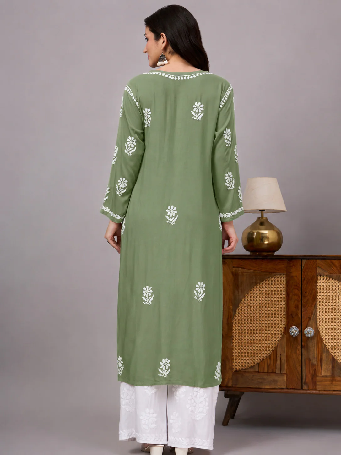 Liba Rayon Chikankari Straight Kurta - Pista Green - Image 3