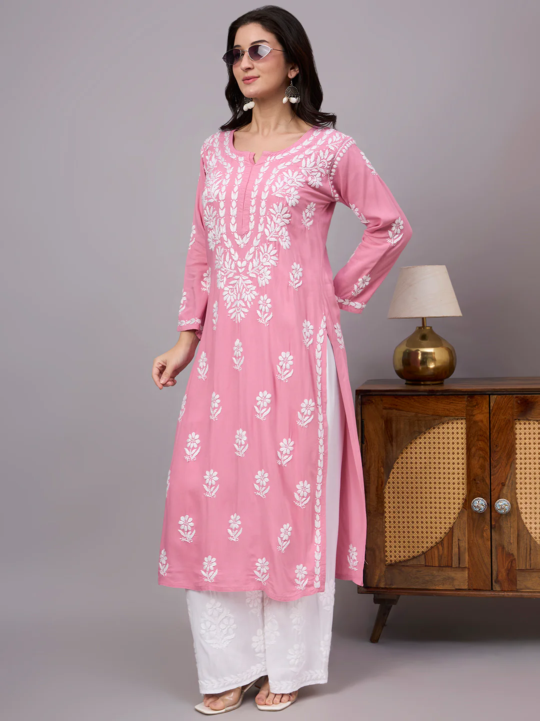 Liba Rayon Chikankari Straight Kurta - Rose Pink - Image 3
