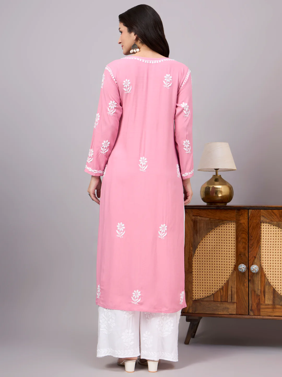 Liba Rayon Chikankari Straight Kurta - Rose Pink - Image 4