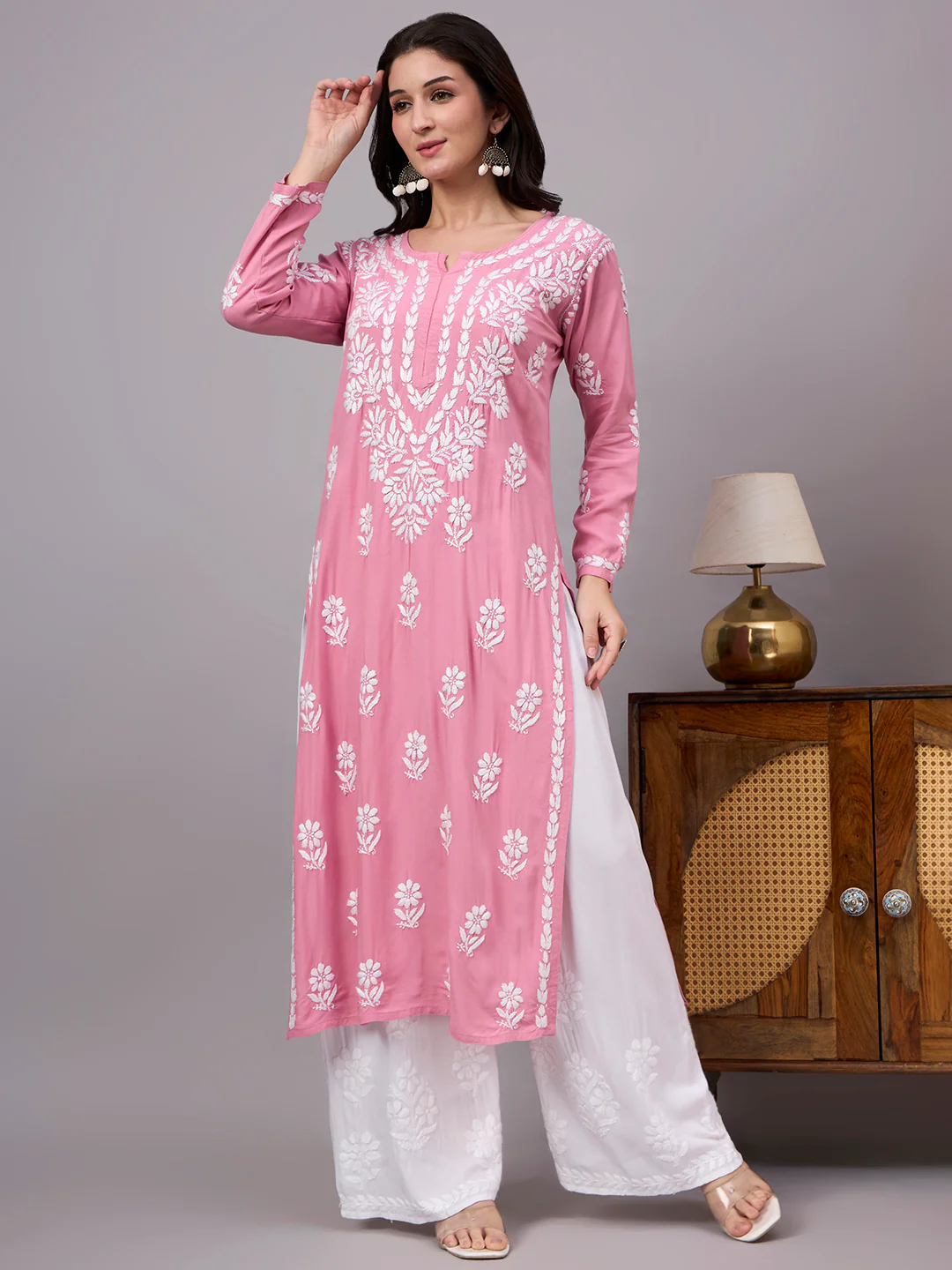Liba Rayon Chikankari Straight Kurta - Rose Pink - Image 5