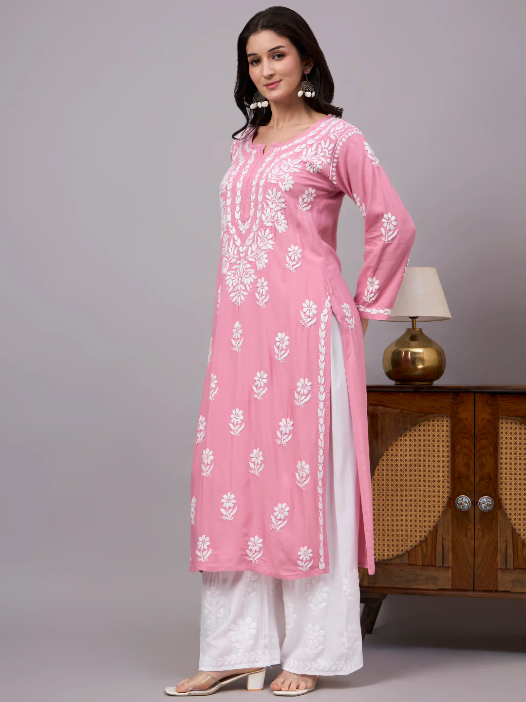 Liba Rayon Chikankari Straight Kurta - Rose Pink - Image 6
