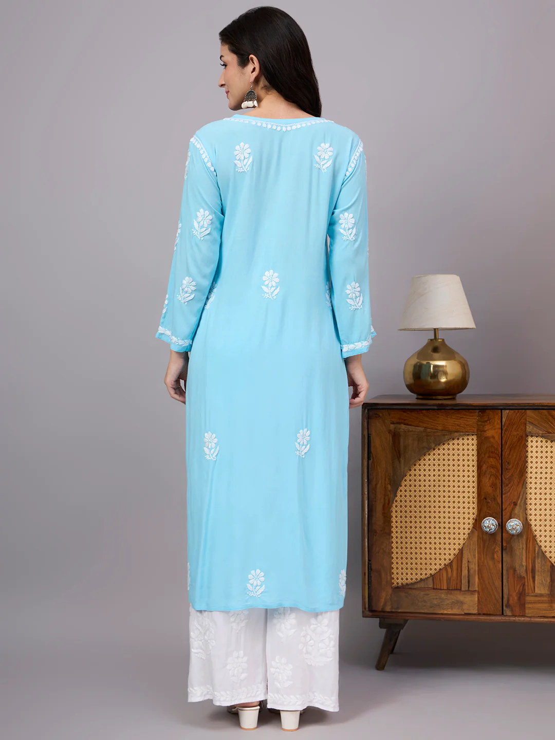 Liba Rayon Chikankari Straight Kurta - Sky Blue - Image 3