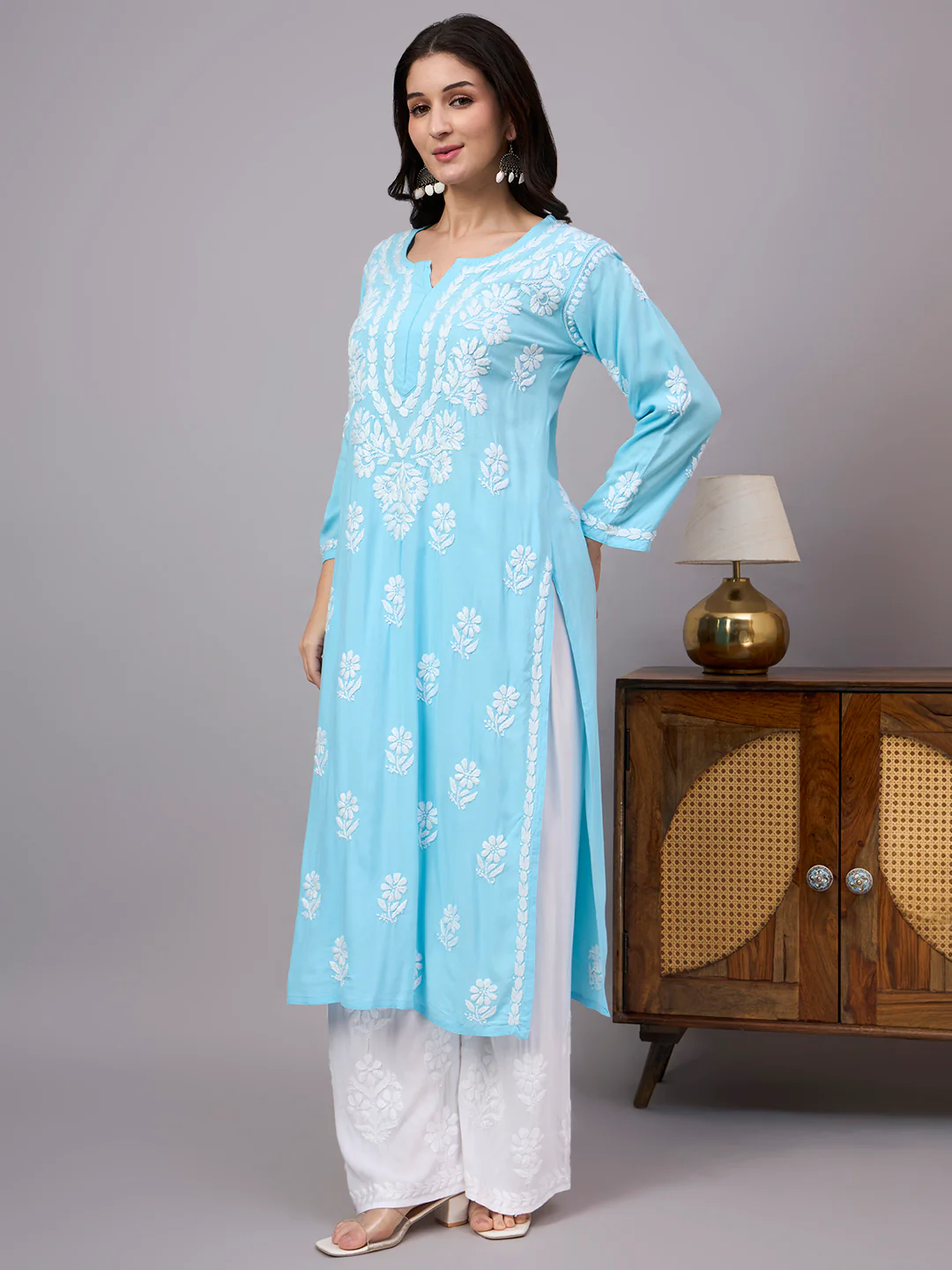 Liba Rayon Chikankari Straight Kurta - Sky Blue - Image 4