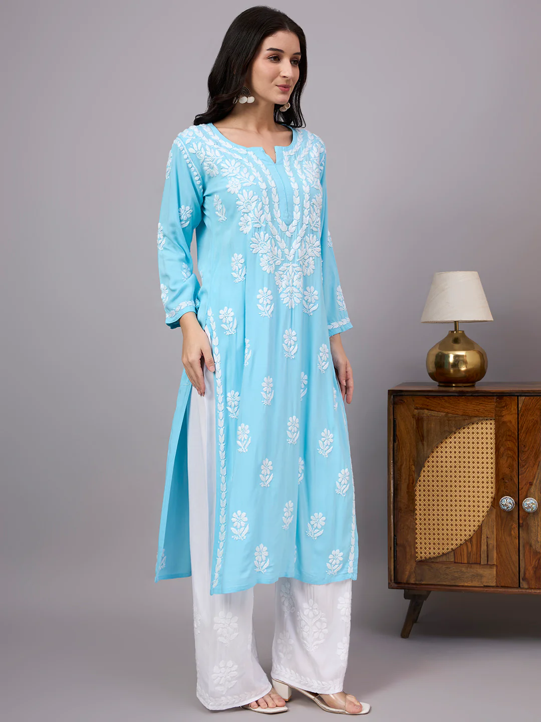 Liba Rayon Chikankari Straight Kurta - Sky Blue - Image 5