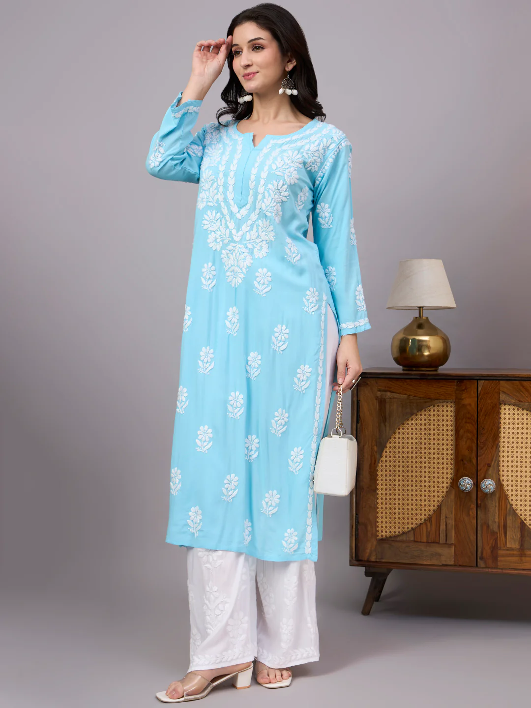 Liba Rayon Chikankari Straight Kurta - Sky Blue - Image 6