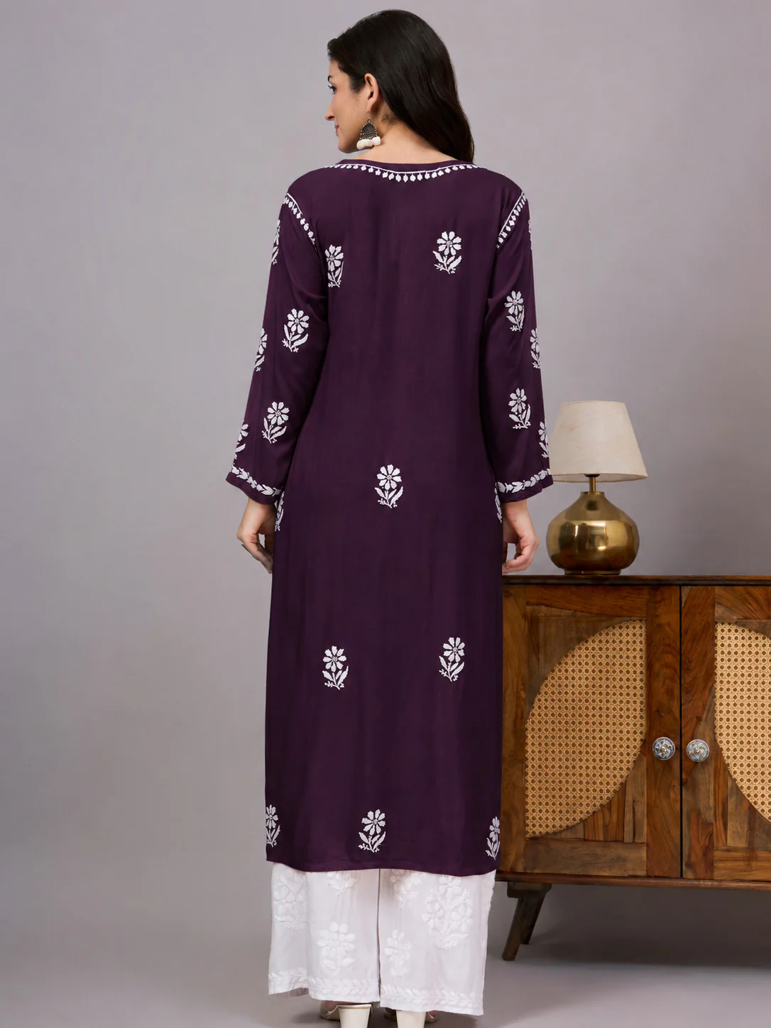 Liba Rayon Chikankari Straight Kurta - Wine - Image 3