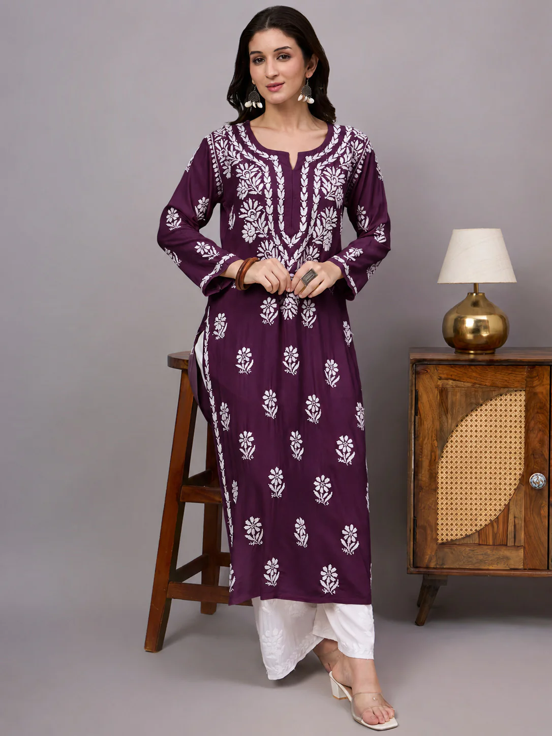 Liba Rayon Chikankari Straight Kurta - Wine - Image 4