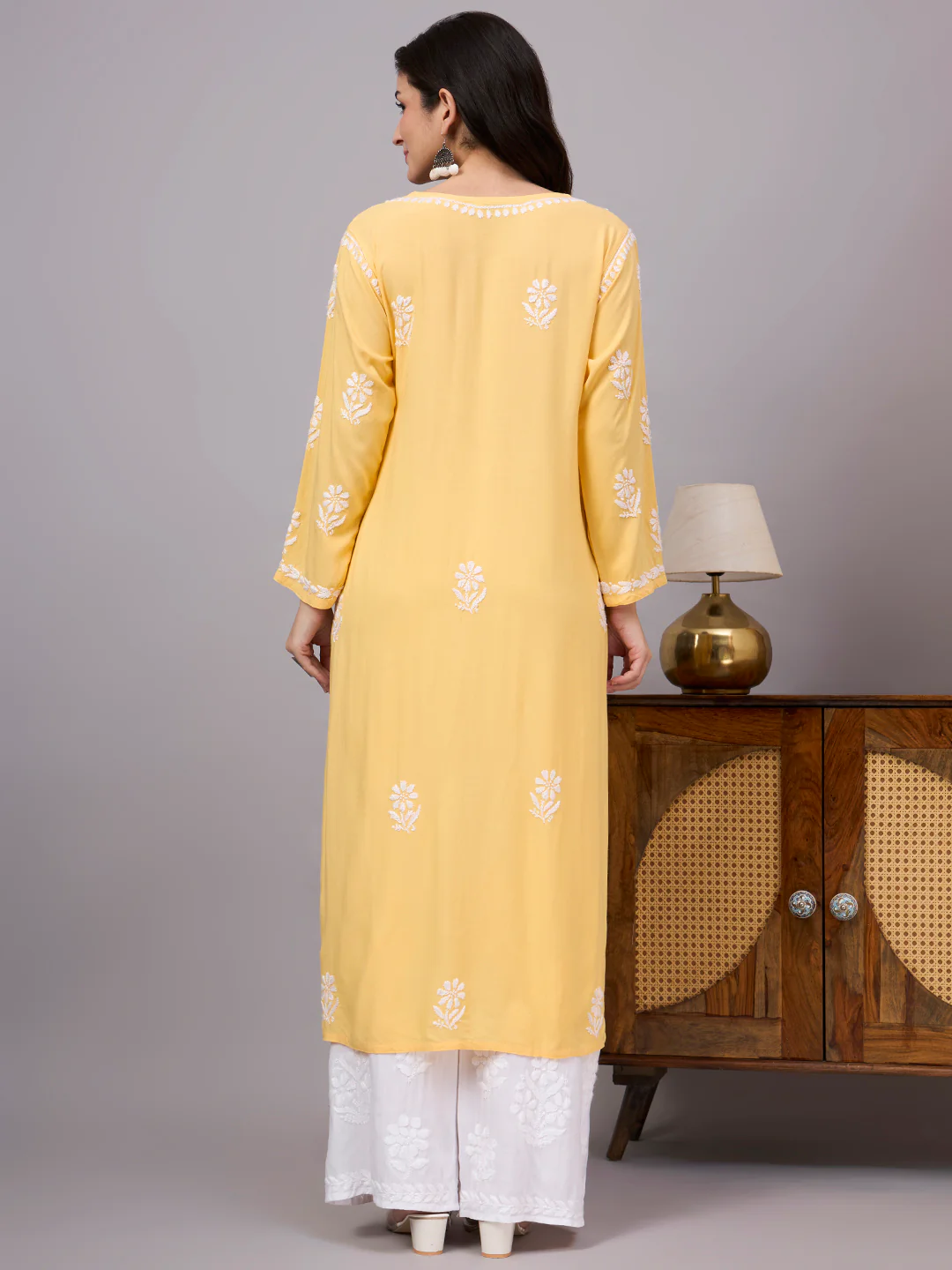 Liba Rayon Chikankari Straight Kurta - Yellow - Image 3