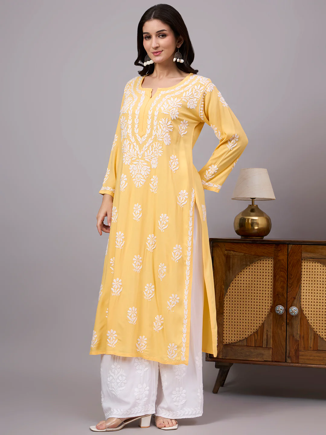 Liba Rayon Chikankari Straight Kurta - Yellow - Image 4
