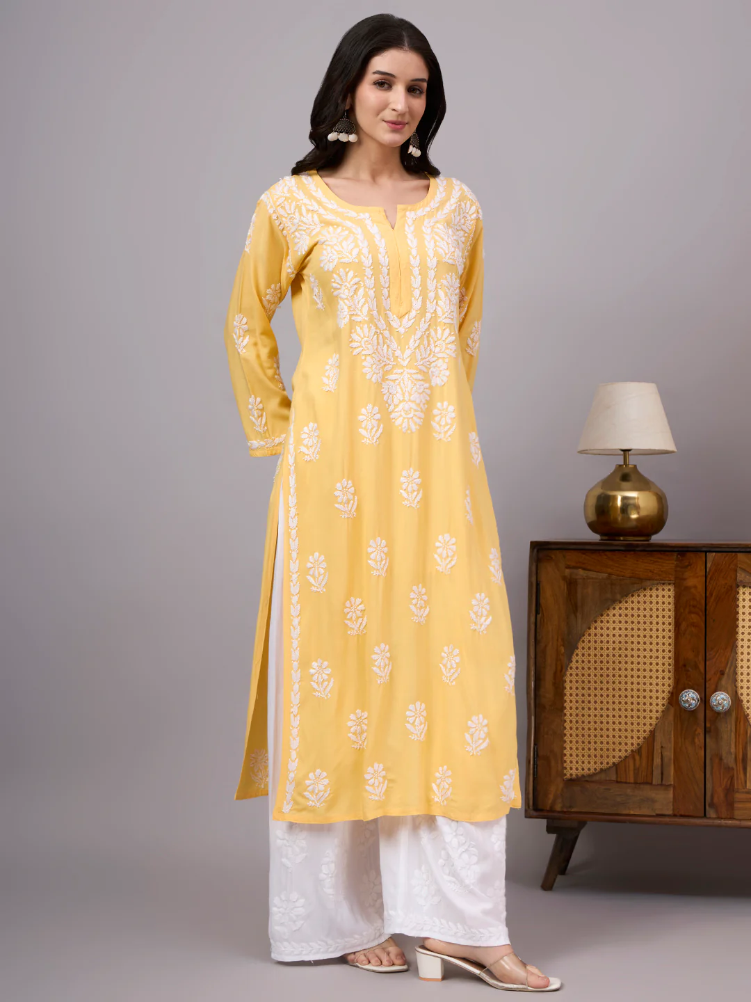 Liba Rayon Chikankari Straight Kurta - Yellow - Image 5