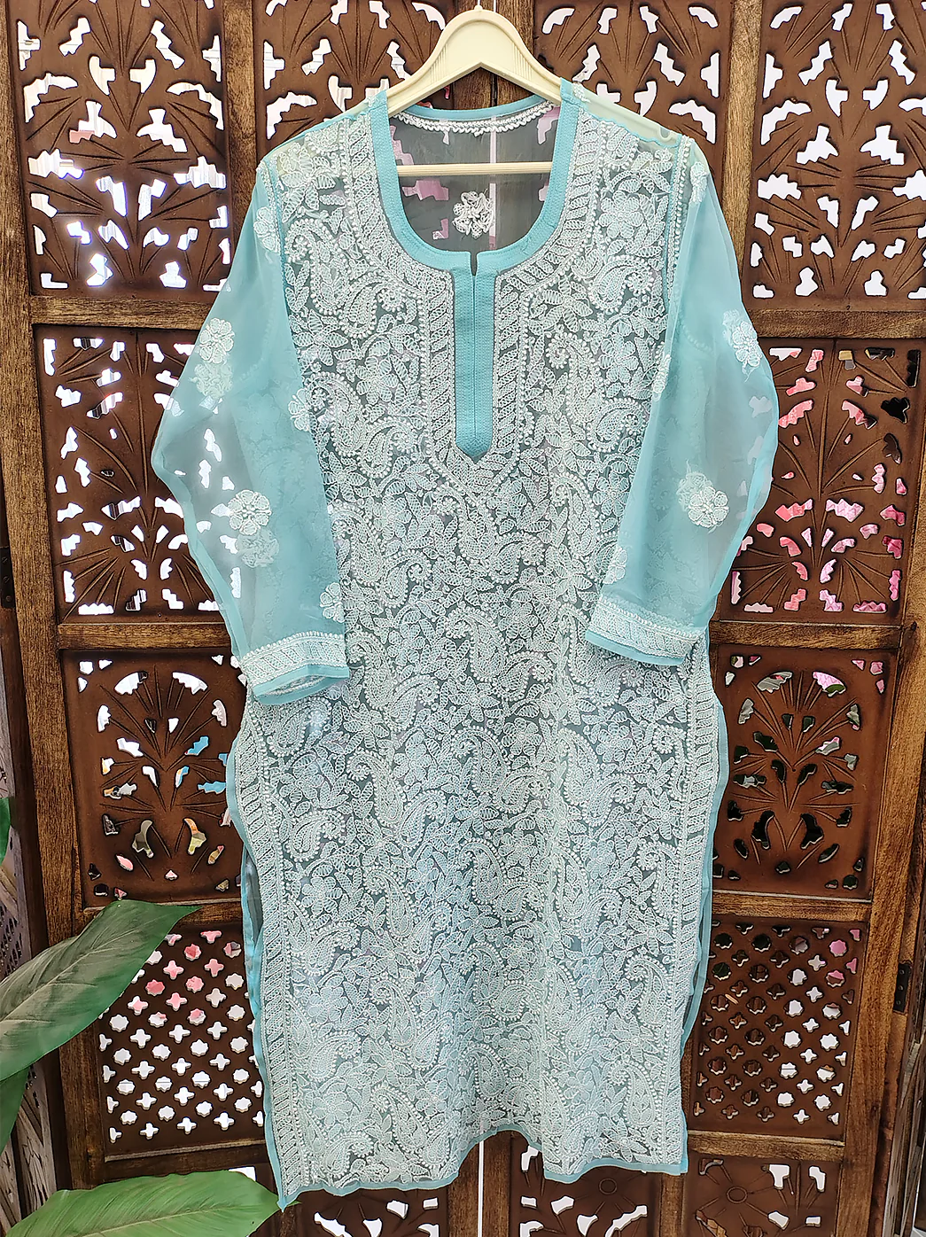 Light Blue Georgette Chikankari Straight Kurti - Image 2