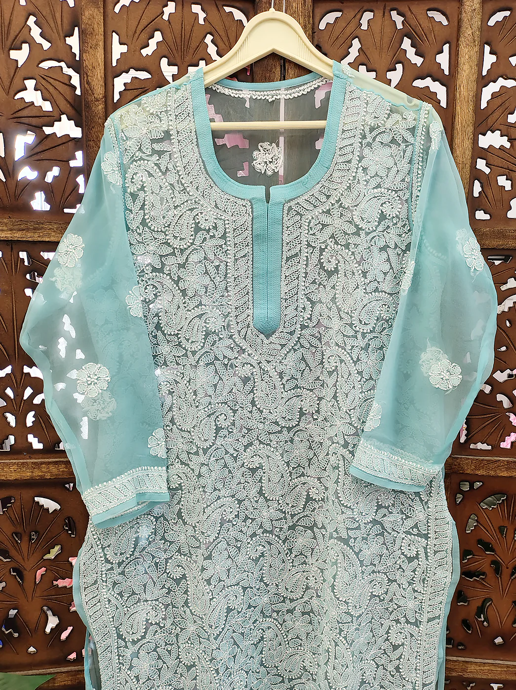Light Blue Georgette Chikankari Straight Kurti - Image 3