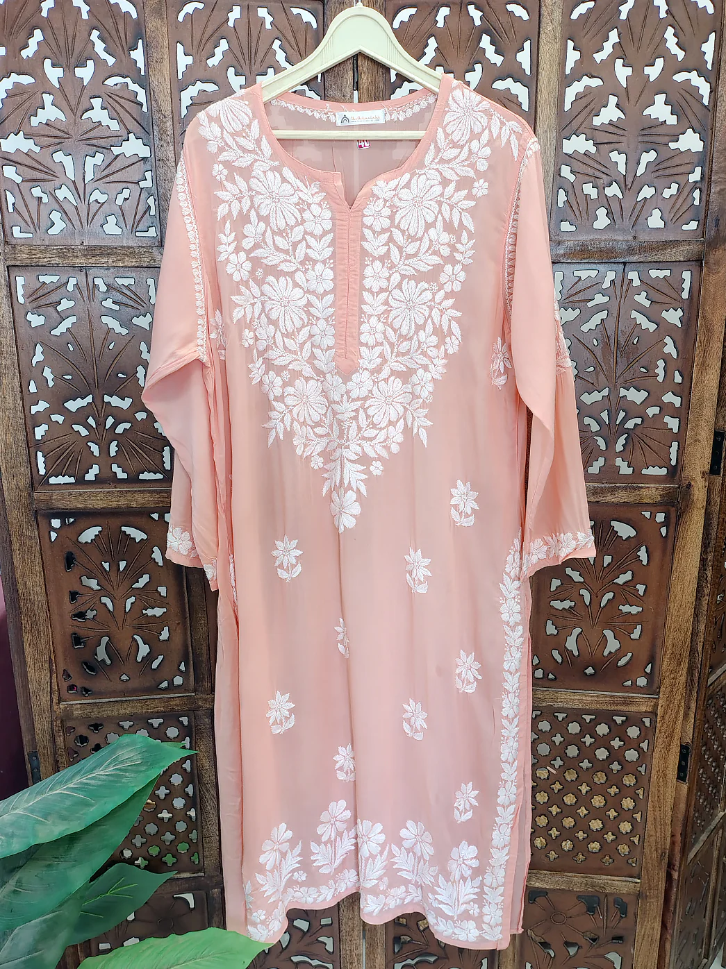 Light Peach Modal Chikankari Straight Kurti - Image 2