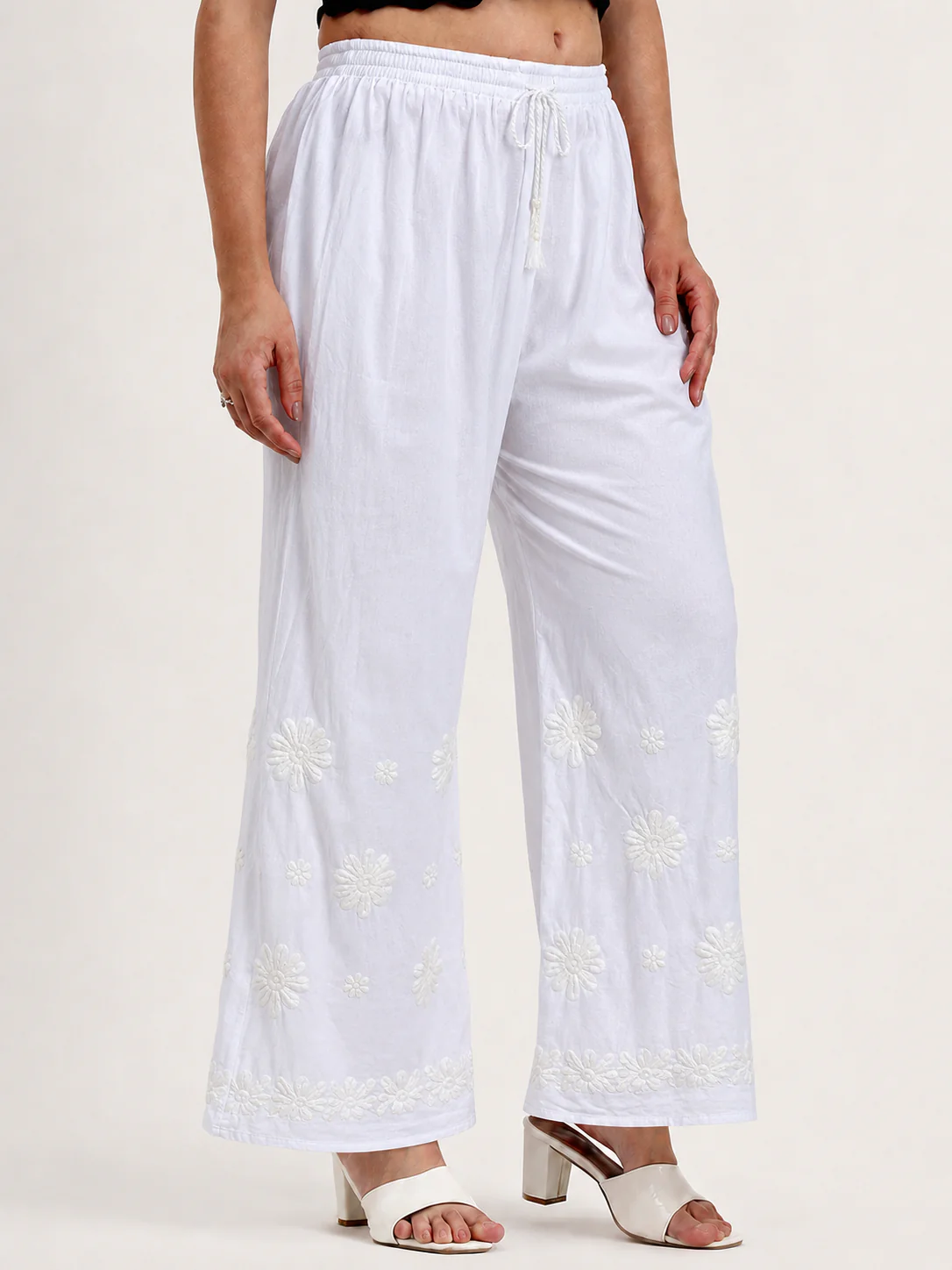 Lycra Chikankari Straight Palazzo - White - Image 3