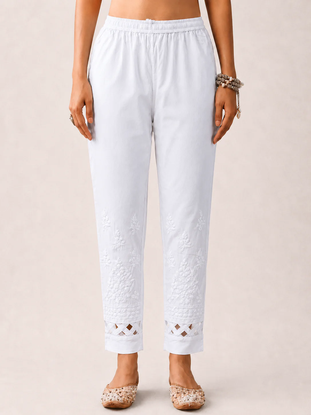 Lycra Straight Chikankari Cigarette Pant With Cutwork - White