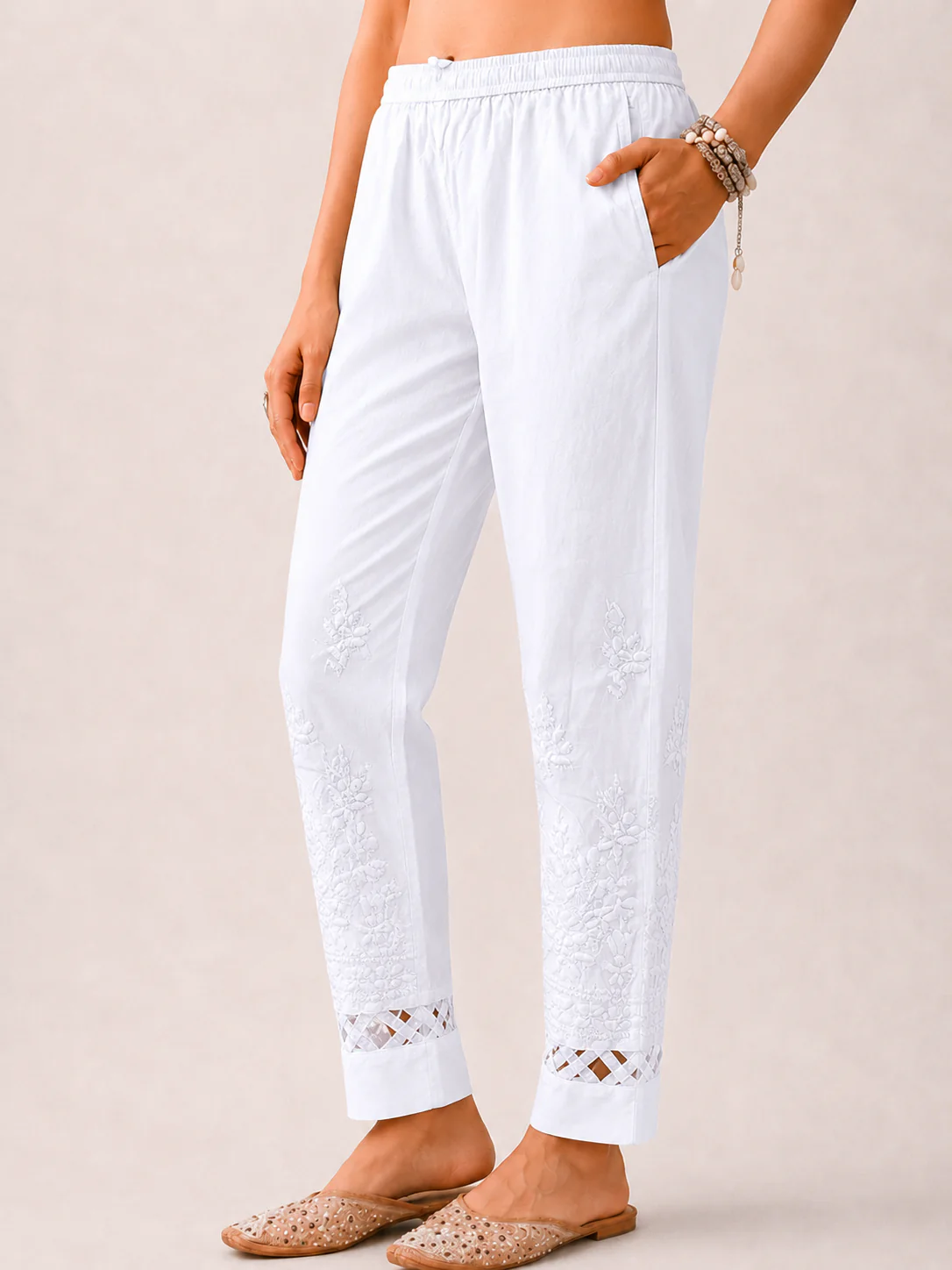 Lycra Straight Chikankari Cigarette Pant With Cutwork - White - Image 2