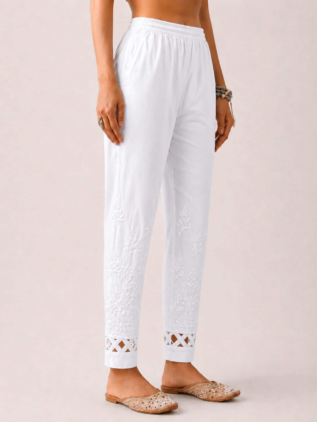 Lycra Straight Chikankari Cigarette Pant With Cutwork - White - Image 3