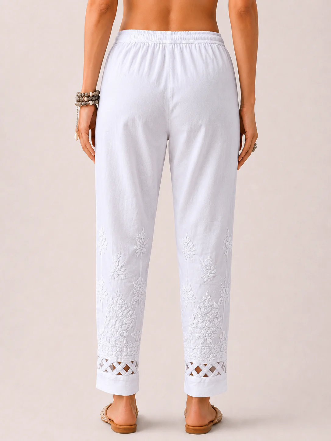 Lycra Straight Chikankari Cigarette Pant With Cutwork - White - Image 4